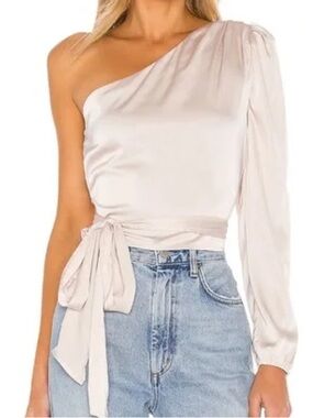 superdown One-Shoulder Satin Tie-Waist Top in Bone - S